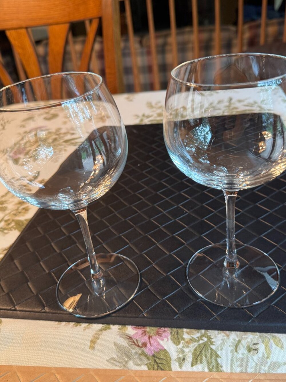 Two Tiffany & Co Crystal Balloon Wine Glasses, Wide Rounded Bowl Slender Stem
